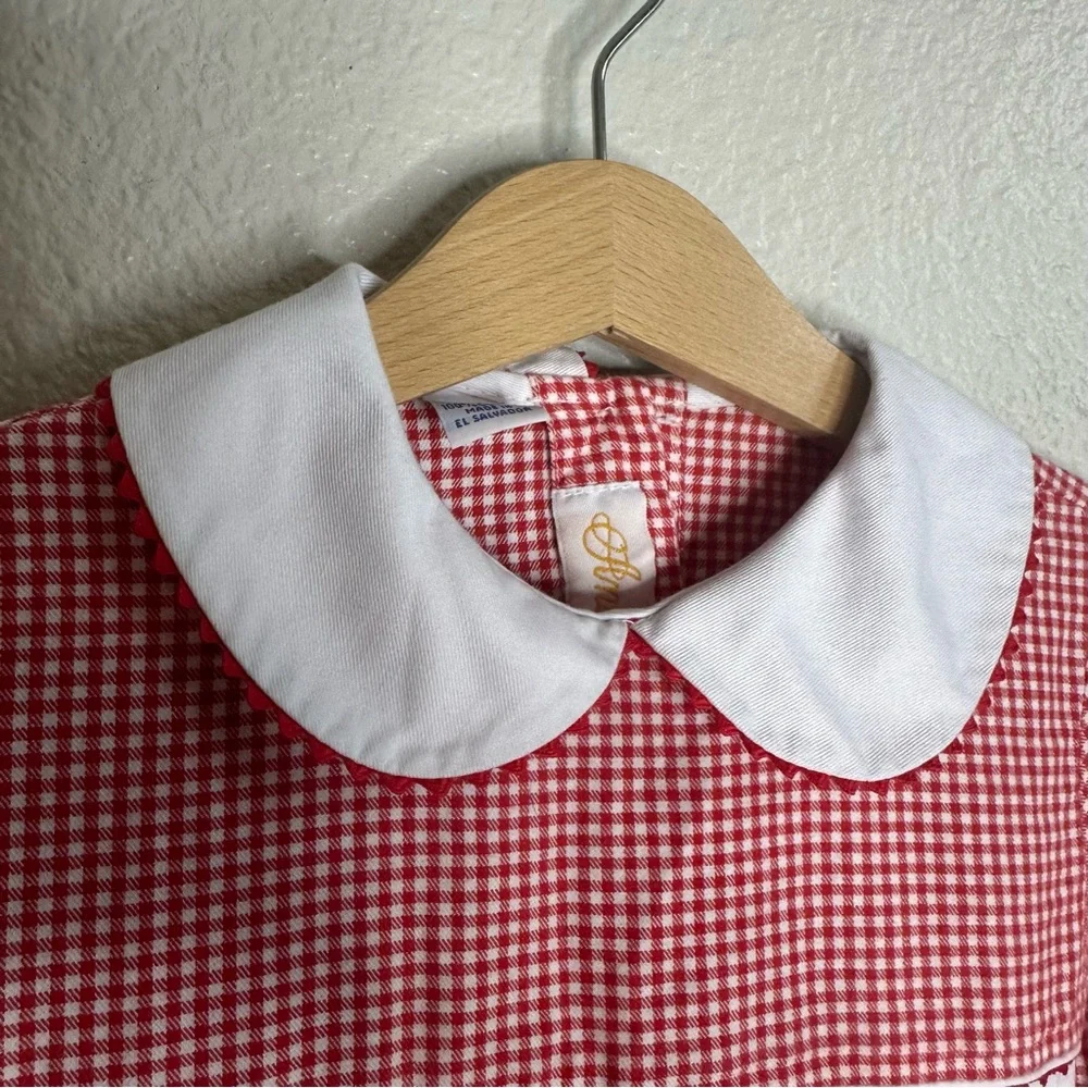 Anavini Collared Gingham Smocked/Embroidered Gingerbread Christmas Red Dress - Picture 5 of 10